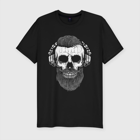 Мужская футболка хлопок Slim с принтом Череп в наушниках в Екатеринбурге, 92% хлопок, 8% лайкра | приталенный силуэт, круглый вырез ворота, длина до линии бедра, короткий рукав | skull | музыка | наушники | рок | череп