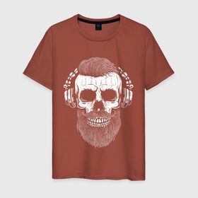 Мужская футболка хлопок с принтом Череп в наушниках в Белгороде, 100% хлопок | прямой крой, круглый вырез горловины, длина до линии бедер, слегка спущенное плечо. | skull | музыка | наушники | рок | череп