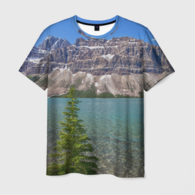 Мужская футболка 3D с принтом Горное озеро в Новосибирске, 100% полиэфир | прямой крой, круглый вырез горловины, длина до линии бедер | lake | mountain | гора | горное озеро | ель | озеро