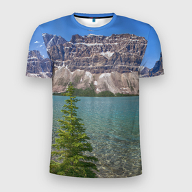 Мужская футболка 3D Slim с принтом Горное озеро , 100% полиэстер с улучшенными характеристиками | приталенный силуэт, круглая горловина, широкие плечи, сужается к линии бедра | Тематика изображения на принте: lake | mountain | гора | горное озеро | ель | озеро