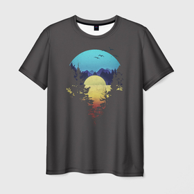 Мужская футболка 3D с принтом Закат в Новосибирске, 100% полиэфир | прямой крой, круглый вырез горловины, длина до линии бедер | casual | outdor | горы | закат | красивый закат | лес | озеро | природа | солнце