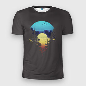 Мужская футболка 3D Slim с принтом Закат в Курске, 100% полиэстер с улучшенными характеристиками | приталенный силуэт, круглая горловина, широкие плечи, сужается к линии бедра | casual | outdor | горы | закат | красивый закат | лес | озеро | природа | солнце