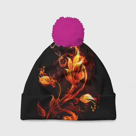 Шапка 3D c помпоном с принтом Огненный цветок , 100% полиэстер | универсальный размер, печать по всей поверхности изделия | огненный цветок | огонь | узор | узор в огне | цветок | цветок в огне.