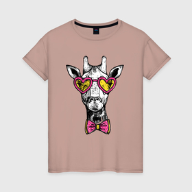 Женская футболка хлопок с принтом Жираф хипстер в очках в форме сердца в Екатеринбурге, 100% хлопок | прямой крой, круглый вырез горловины, длина до линии бедер, слегка спущенное плечо | butterfly | cool | ears | eyes | fashion | giraffe | hipster | horns | hype | muzzle | бабочка | глаза | жираф | круто | очки | рога | уши