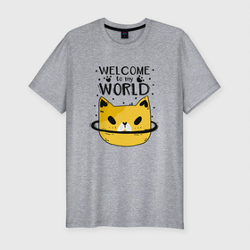 Мужская футболка хлопок Slim с принтом Желтый кот в Петрозаводске, 92% хлопок, 8% лайкра | приталенный силуэт, круглый вырез ворота, длина до линии бедра, короткий рукав | желтый | кот | надписи | планета | следы