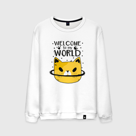 Мужской свитшот хлопок с принтом Желтый кот в Екатеринбурге, 100% хлопок |  | Тематика изображения на принте: желтый | кот | надписи | планета | следы