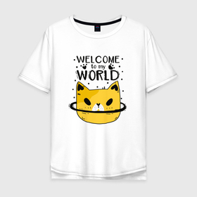 Мужская футболка хлопок Oversize с принтом Желтый кот в Тюмени, 100% хлопок | свободный крой, круглый ворот, “спинка” длиннее передней части | желтый | кот | надписи | планета | следы