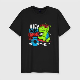 Мужская футболка хлопок Slim с принтом Dino hipster в Новосибирске, 92% хлопок, 8% лайкра | приталенный силуэт, круглый вырез ворота, длина до линии бедра, короткий рукав | cool | dinisaur | dude | hype | muzzle | skateboard | динозавр | круто | очки | скейтборд | хайп | чувак