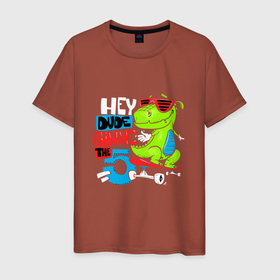 Мужская футболка хлопок с принтом Dino hipster в Санкт-Петербурге, 100% хлопок | прямой крой, круглый вырез горловины, длина до линии бедер, слегка спущенное плечо. | cool | dinisaur | dude | hype | muzzle | skateboard | динозавр | круто | очки | скейтборд | хайп | чувак