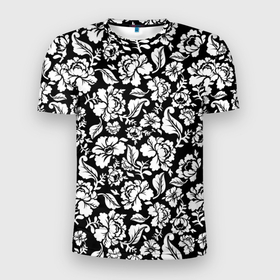 Мужская футболка 3D Slim с принтом White flowers в Курске, 100% полиэстер с улучшенными характеристиками | приталенный силуэт, круглая горловина, широкие плечи, сужается к линии бедра | abstract | flowers | texturae | абстракция | белый | стиль | текстура | цветы | черно белый | черный