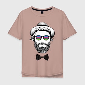 Мужская футболка хлопок Oversize с принтом Hipster в Санкт-Петербурге, 100% хлопок | свободный крой, круглый ворот, “спинка” длиннее передней части | beard | butterfly | cool | dude | face | fashion | guy | hat | hipster | hype | moustache | бабочка | борода | круто | лицо | мода | очки | парень | усы | хайп | хипстер | чувак | шляпа