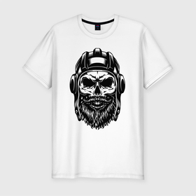 Мужская футболка хлопок Slim с принтом Танкист хипстер в Новосибирске, 92% хлопок, 8% лайкра | приталенный силуэт, круглый вырез ворота, длина до линии бедра, короткий рукав | Тематика изображения на принте: beard | cool | fashion | grin | helmet | hipster | hype | jaw | moustache | orbits | skull | teeth | борода | глазницы | зубы | круто | мода | оскал | пасть | усы | хайп | череп | шлем