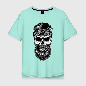 Мужская футболка хлопок Oversize с принтом Hipster в Санкт-Петербурге, 100% хлопок | свободный крой, круглый ворот, “спинка” длиннее передней части | bandana | beard | cool | dude | fashion | hipster | hype | moustache | orbits | skull | teeth | бандана | борода | глазницы | зубы | крутo | мода | усы | хайп | череп | чувак