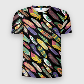Мужская футболка 3D Slim с принтом Feathers 2022 в Курске, 100% полиэстер с улучшенными характеристиками | приталенный силуэт, круглая горловина, широкие плечи, сужается к линии бедра | color | cool | fashion | feather | hipster | круто | мода | перо | хипстер | цвет