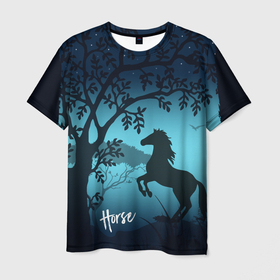 Мужская футболка 3D с принтом Конь в Петрозаводске, 100% полиэфир | прямой крой, круглый вырез горловины, длина до линии бедер | horse | деревья | звезды | конь | коняшка | лошадка | лошадь | мода | ночь | стиль