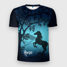 Мужская футболка 3D Slim с принтом Конь в Санкт-Петербурге, 100% полиэстер с улучшенными характеристиками | приталенный силуэт, круглая горловина, широкие плечи, сужается к линии бедра | horse | деревья | звезды | конь | коняшка | лошадка | лошадь | мода | ночь | стиль