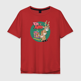 Мужская футболка хлопок Oversize с принтом Tom and Jerry в Новосибирске, 100% хлопок | свободный крой, круглый ворот, “спинка” длиннее передней части | tom and jerry | vdkimel | warner bros | новый год | олень | подарки | сани | санта клаус | том и джерри