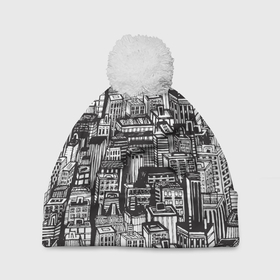 Шапка 3D c помпоном с принтом Бесконечный город в Петрозаводске, 100% полиэстер | универсальный размер, печать по всей поверхности изделия | город | дом | карикатура | паттерн | улица | черный