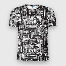 Мужская футболка 3D Slim с принтом Бесконечный город в Кировске, 100% полиэстер с улучшенными характеристиками | приталенный силуэт, круглая горловина, широкие плечи, сужается к линии бедра | город | дом | карикатура | паттерн | улица | черный