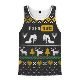 Мужская майка 3D с принтом Pornhub свитер с оленями в Новосибирске, 100% полиэстер | круглая горловина, приталенный силуэт, длина до линии бедра. Пройма и горловина окантованы тонкой бейкой | 2021 | knit | knitted | merch | new year | sweater | ugly sweater | вязанный | вязяный | зимний | лого | логотип | мерч | новый год | олени | рождественский | рождественский свитер | рождес