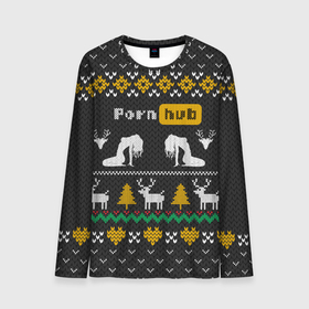 Мужской лонгслив 3D с принтом Pornhub свитер с оленями в Новосибирске, 100% полиэстер | длинные рукава, круглый вырез горловины, полуприлегающий силуэт | Тематика изображения на принте: 2021 | knit | knitted | merch | new year | sweater | ugly sweater | вязанный | вязяный | зимний | лого | логотип | мерч | новый год | олени | рождественский | рождественский свитер | рождес