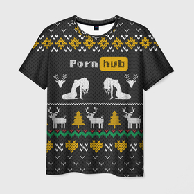 Мужская футболка 3D с принтом Pornhub свитер с оленями , 100% полиэфир | прямой крой, круглый вырез горловины, длина до линии бедер | Тематика изображения на принте: 2021 | knit | knitted | merch | new year | sweater | ugly sweater | вязанный | вязяный | зимний | лого | логотип | мерч | новый год | олени | рождественский | рождественский свитер | рождес