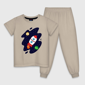 Детская пижама хлопок с принтом Космос , 100% хлопок |  брюки и футболка прямого кроя, без карманов, на брюках мягкая резинка на поясе и по низу штанин
 | Тематика изображения на принте: звёзды | космос | планеты | ракета