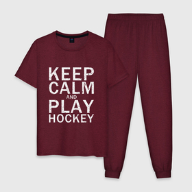 Мужская пижама хлопок с принтом K.C.a. Play Hockey в Петрозаводске, 100% хлопок | брюки и футболка прямого кроя, без карманов, на брюках мягкая резинка на поясе и по низу штанин
 | Тематика изображения на принте: and | calm | hockey | ice | keep | play | sport | sports | и | играй | сохраняй | спокойствие | спорт | хокей | хоккей