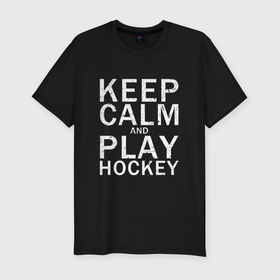 Мужская футболка хлопок Slim с принтом K.C.a. Play Hockey в Петрозаводске, 92% хлопок, 8% лайкра | приталенный силуэт, круглый вырез ворота, длина до линии бедра, короткий рукав | Тематика изображения на принте: and | calm | hockey | ice | keep | play | sport | sports | и | играй | сохраняй | спокойствие | спорт | хокей | хоккей