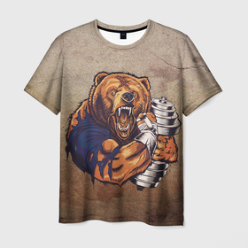 Мужская футболка 3D с принтом Силач в Белгороде, 100% полиэфир | прямой крой, круглый вырез горловины, длина до линии бедер | арт | гантели | графика | животные | звери | медведи | спорт