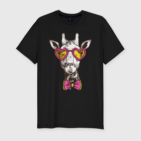 Мужская футболка хлопок Slim с принтом Жираф с бабочкой в Новосибирске, 92% хлопок, 8% лайкра | приталенный силуэт, круглый вырез ворота, длина до линии бедра, короткий рукав | бабочки | животное | жираф | очки | рисунок | розовые | сердечки
