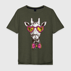 Мужская футболка хлопок Oversize с принтом Жираф с бабочкой в Санкт-Петербурге, 100% хлопок | свободный крой, круглый ворот, “спинка” длиннее передней части | бабочки | животное | жираф | очки | рисунок | розовые | сердечки