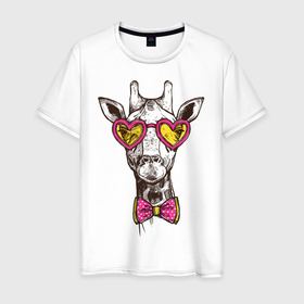 Мужская футболка хлопок с принтом Жираф с бабочкой в Санкт-Петербурге, 100% хлопок | прямой крой, круглый вырез горловины, длина до линии бедер, слегка спущенное плечо. | бабочки | животное | жираф | очки | рисунок | розовые | сердечки