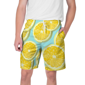 Мужские шорты 3D с принтом лимончики в Кировске,  полиэстер 100% | прямой крой, два кармана без застежек по бокам. Мягкая трикотажная резинка на поясе, внутри которой широкие завязки. Длина чуть выше колен | еда | лимон | фрукты | цитрусы