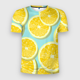 Мужская футболка 3D спортивная с принтом лимончики в Курске, 100% полиэстер с улучшенными характеристиками | приталенный силуэт, круглая горловина, широкие плечи, сужается к линии бедра | Тематика изображения на принте: еда | лимон | фрукты | цитрусы