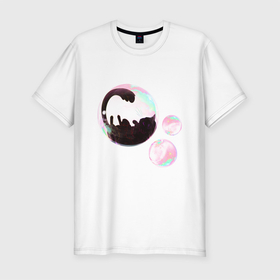 Мужская футболка хлопок Slim с принтом Котик в пузыре, черный в Екатеринбурге, 92% хлопок, 8% лайкра | приталенный силуэт, круглый вырез ворота, длина до линии бедра, короткий рукав | звери | котики | коты | кошки | милый | подарок | пузырь | черный