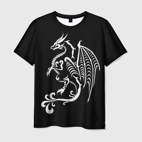 Мужская футболка 3D с принтом Дракон тату в Кировске, 100% полиэфир | прямой крой, круглый вырез горловины, длина до линии бедер | белое на чёрном | восток | дракон | драконы | мифические существа | татуировка дракон | татуировки | узоры
