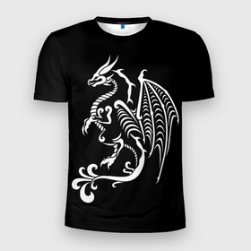 Мужская футболка 3D Slim с принтом Дракон тату в Белгороде, 100% полиэстер с улучшенными характеристиками | приталенный силуэт, круглая горловина, широкие плечи, сужается к линии бедра | белое на чёрном | восток | дракон | драконы | мифические существа | татуировка дракон | татуировки | узоры