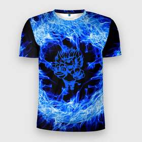 Мужская футболка 3D Slim с принтом Лев в синем пламени , 100% полиэстер с улучшенными характеристиками | приталенный силуэт, круглая горловина, широкие плечи, сужается к линии бедра | Тематика изображения на принте: lion | лев | огонь | пламя | синий