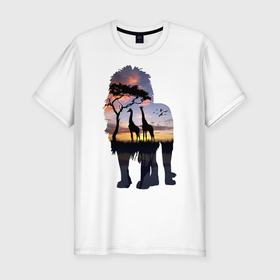 Мужская футболка хлопок Slim с принтом Лев в Новосибирске, 92% хлопок, 8% лайкра | приталенный силуэт, круглый вырез ворота, длина до линии бедра, короткий рукав | lion | sovanna | африка | большаякошка | кошка | лев | мода | небо | саванна | стиль