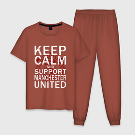 Мужская пижама хлопок с принтом K.C.a. Support Manchester Utd. в Белгороде, 100% хлопок | брюки и футболка прямого кроя, без карманов, на брюках мягкая резинка на поясе и по низу штанин
 | and | calm | football | keep | man utd | manchester | mu | soccer | support | united | ман юнайтед | манчестер | мю | сохраняй | спокойствие | спорт | футбол | юнайтед