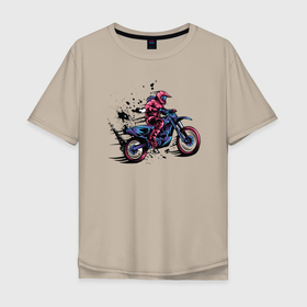 Мужская футболка хлопок Oversize с принтом Мотокросс в Кировске, 100% хлопок | свободный крой, круглый ворот, “спинка” длиннее передней части | moto | motocross | motorcycle | мото | мотокросс | мотоцикл | мотоциклист | мотоциклисты | мотоциклы | неон | череп | шлем