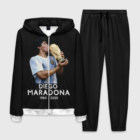 Мужской костюм 3D с принтом Diego Maradona в Санкт-Петербурге, 100% полиэстер | Манжеты и пояс оформлены тканевой резинкой, двухслойный капюшон со шнурком для регулировки, карманы спереди | 10 | 1960 | 2020 | argentina | barcelona | diego | football | legend | leo | lionel | maradona | messi | retro | rip | soccer | аргентина | барселона | бога | диего | легенда | лионель | марадона | месси | мяч | ретро | рука | форма | футбол