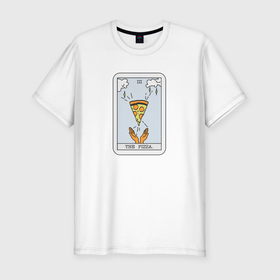 Мужская футболка хлопок Slim с принтом Таро Пицца в Курске, 92% хлопок, 8% лайкра | приталенный силуэт, круглый вырез ворота, длина до линии бедра, короткий рукав | гадание | еда | карты | ладони | небо | облака | прикол | рисунок | таро | юмор