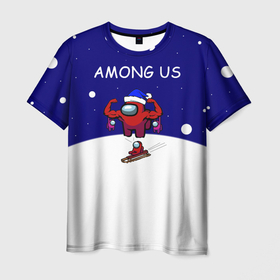 Мужская футболка 3D с принтом Спортивный AMONG US в Новосибирске, 100% полиэфир | прямой крой, круглый вырез горловины, длина до линии бедер | Тематика изображения на принте: among us | зима | зимний амонг ас | подарок на новый год | прикол амонг ас | снег