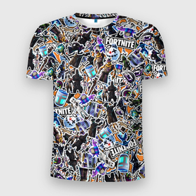 Мужская футболка 3D Slim с принтом Fortnite Sticker Bombing в Белгороде, 100% полиэстер с улучшенными характеристиками | приталенный силуэт, круглая горловина, широкие плечи, сужается к линии бедра | fortnite | game | игра | персонажи | стикер бомбинг | фортнайт