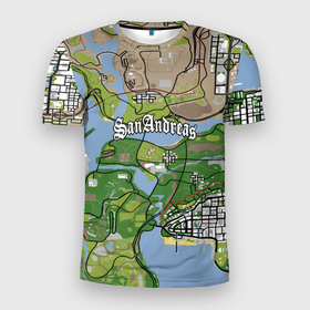 Мужская футболка 3D спортивная с принтом GTA San Andreas map в Кировске, 100% полиэстер с улучшенными характеристиками | приталенный силуэт, круглая горловина, широкие плечи, сужается к линии бедра | game | grand theft auto | gta san andreas | гта сан андреас | игра | карта | самп