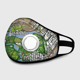 Маска из неопрена с принтом GTA San Andreas map в Ухте, неопрен 100% | Форма огибающая нос. Резинки для ушей с дополнительной резинкой на затылке. Клапан для выдоха для активного дыхания при занятиях спортом. Эластичный материал маски и окантовки для лучшего растяжения и прилегания маски.  | game | grand theft auto | gta san andreas | гта сан андреас | игра | карта | самп