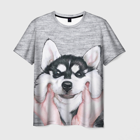 Мужская футболка 3D с принтом Хаски в Тюмени, 100% полиэфир | прямой крой, круглый вырез горловины, длина до линии бедер | Тематика изображения на принте: гладить собаку | животные | пёс | пёсики | серый фон | сибирский хаски | собаки | хаски