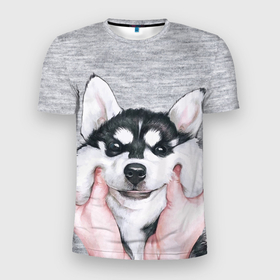 Мужская футболка 3D спортивная с принтом Хаски в Тюмени, 100% полиэстер с улучшенными характеристиками | приталенный силуэт, круглая горловина, широкие плечи, сужается к линии бедра | гладить собаку | животные | пёс | пёсики | серый фон | сибирский хаски | собаки | хаски